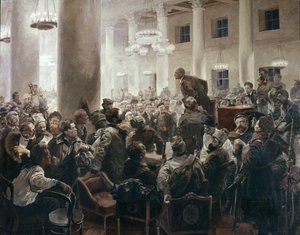 Lenin parla al Congresso dei Soviet di tutta la Russia di I. A. Serebrjany, Museo Centrale di Lenin, Leningrado, incontro di V. I. Lenin con N. K. Krupskaja